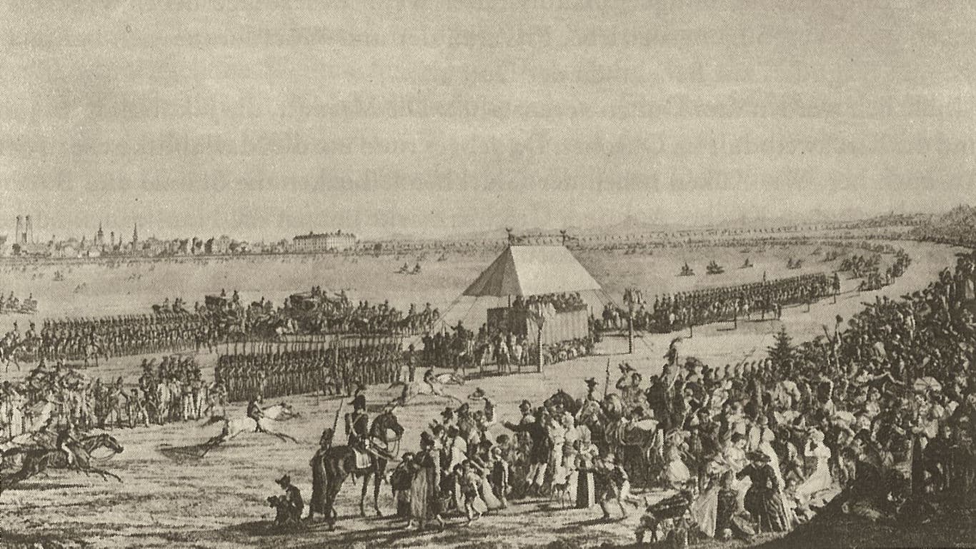 Historic military parade with large crowd