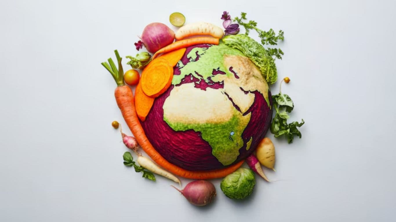 Earth-shaped vegetable arrangement on white background