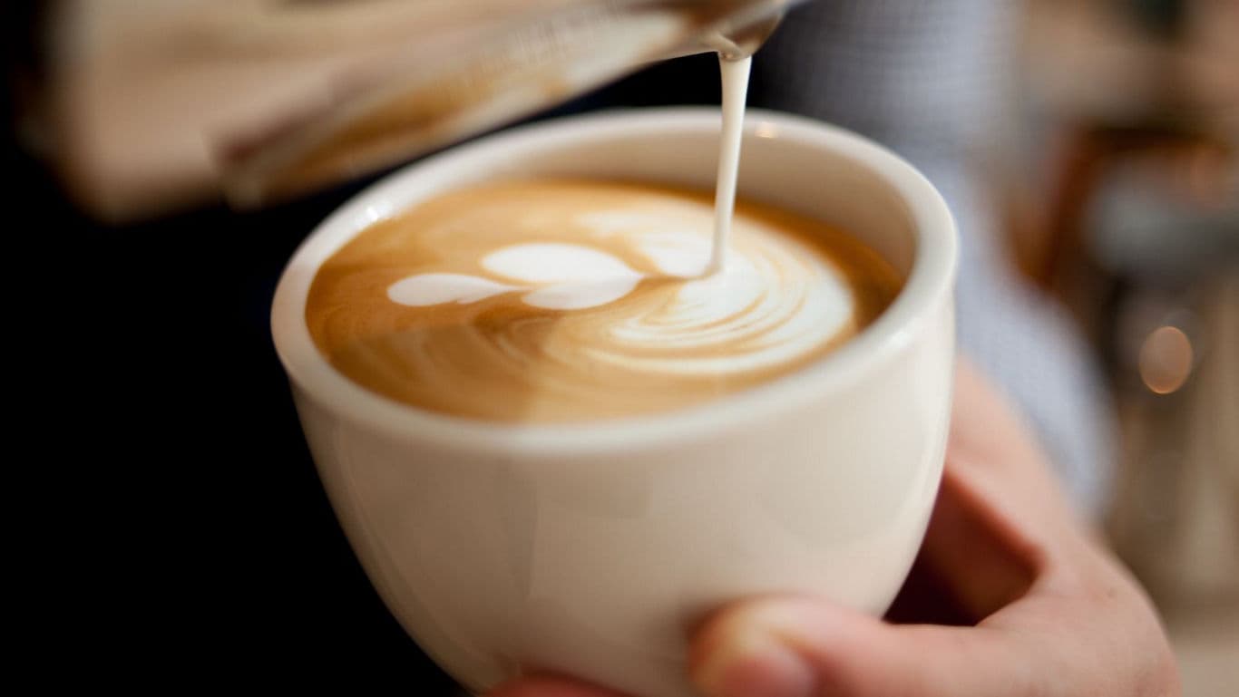 Barista pours latte art into fresh coffee cup