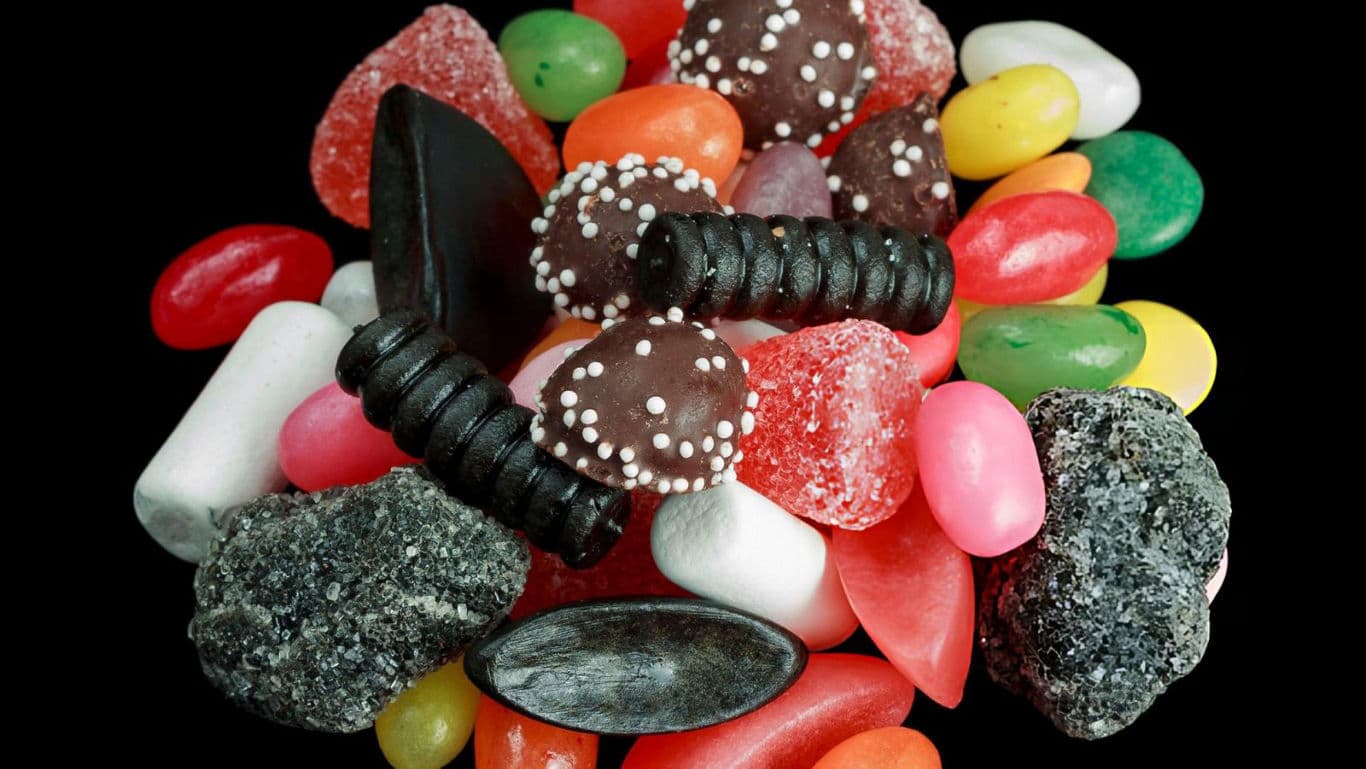Colorful candy assortment with licorice and gummies