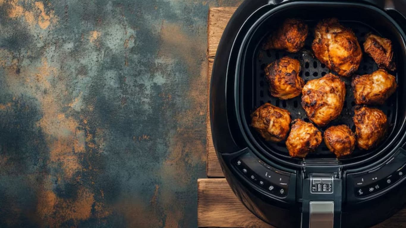 Air fryer with crispy chicken pieces