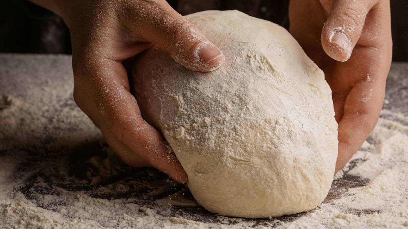 Hands Kneading Fresh Dough on Floured Surface