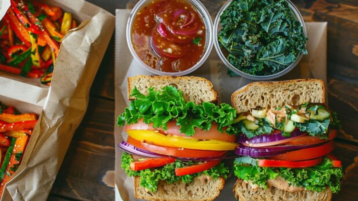 Fresh veggie sandwiches with colorful sides