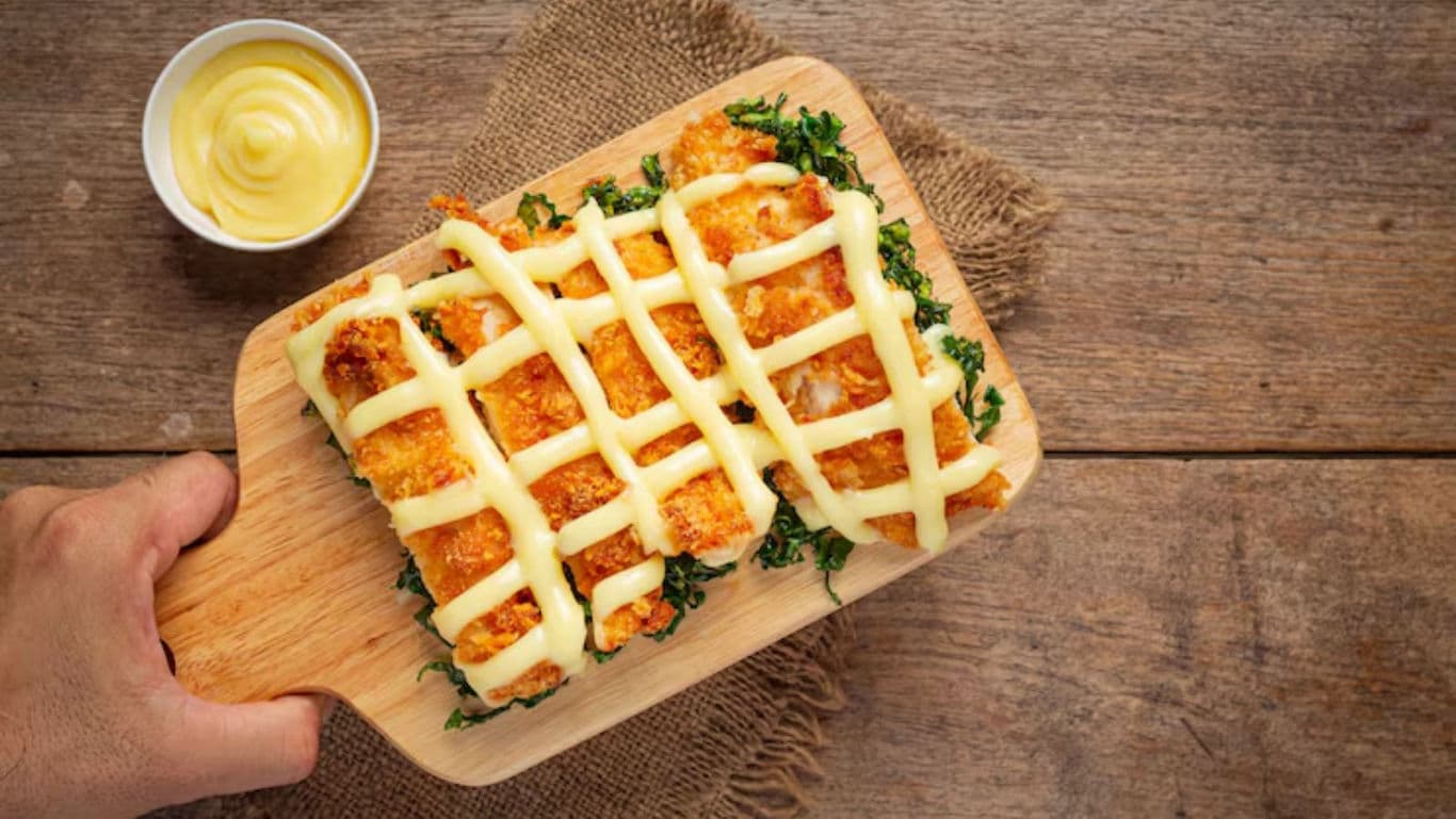 Crispy breaded chicken with mayonnaise drizzle