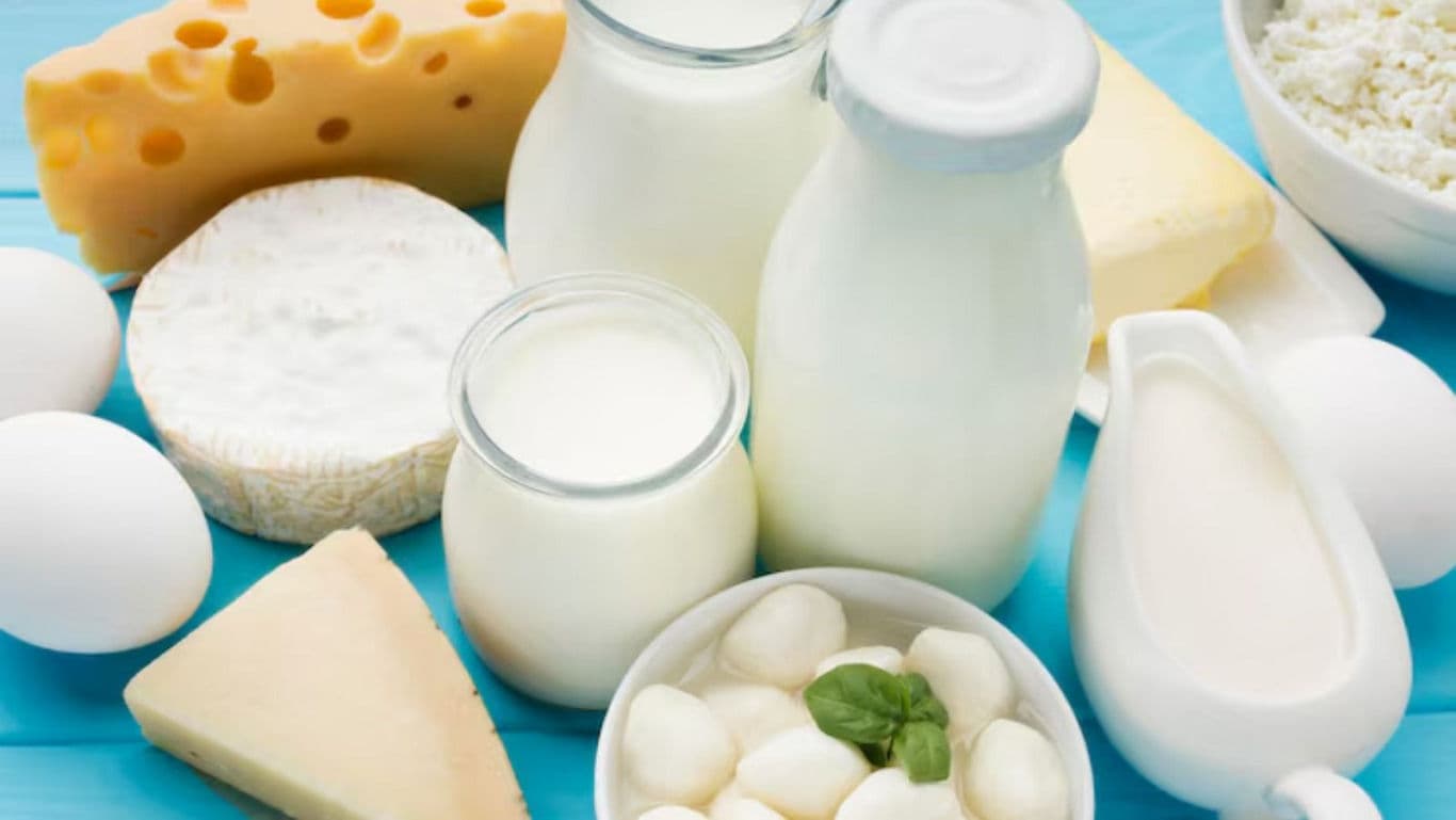 Assorted Dairy Products on Blue Wooden Table