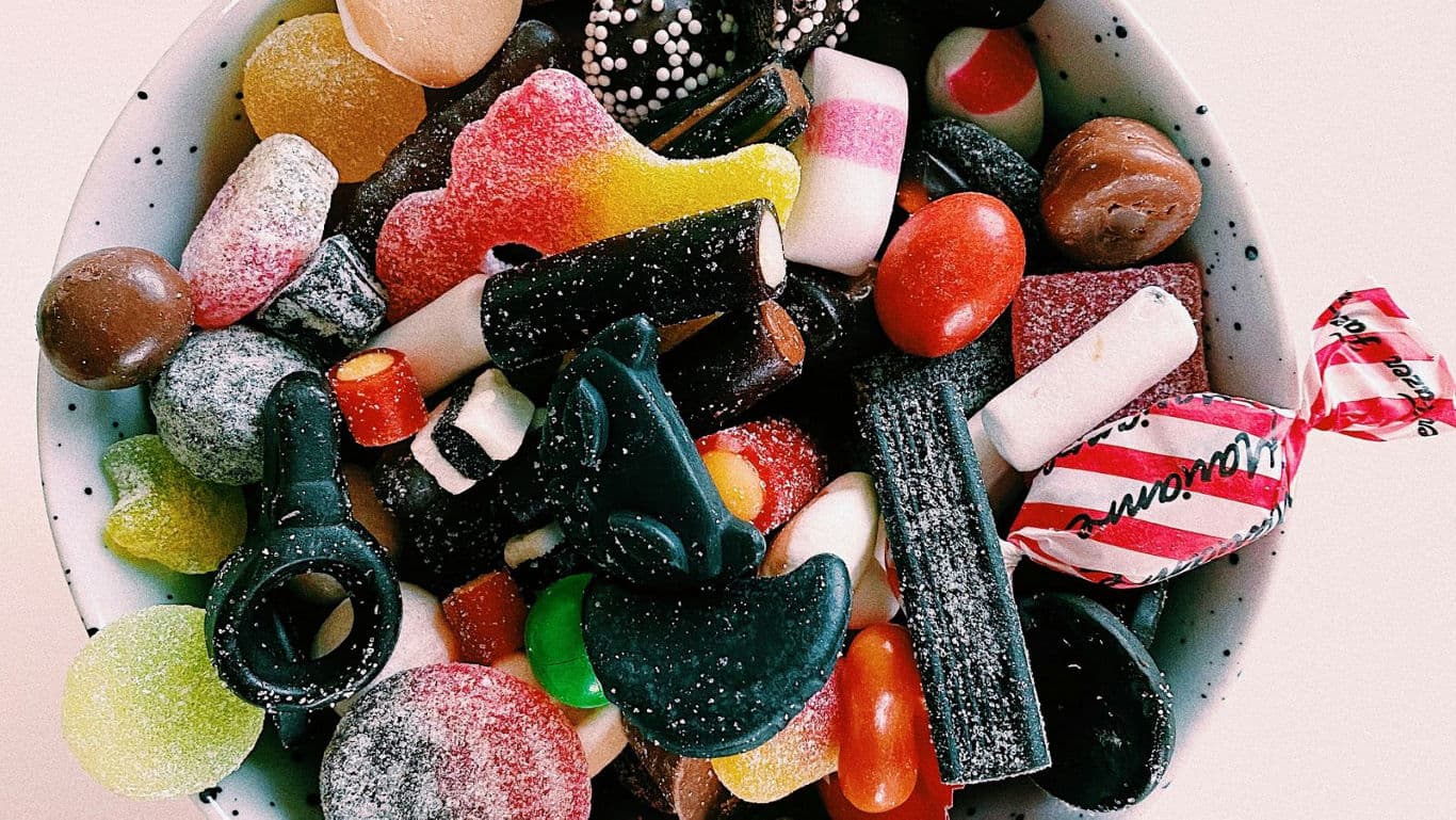 Assorted colorful candies in a bowl