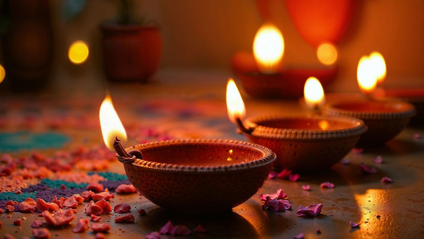 Traditional clay oil lamps glowing during festival evening