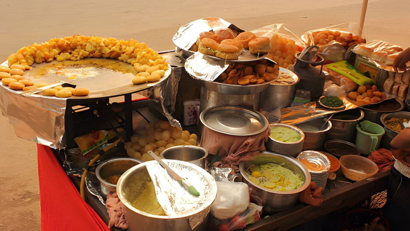 Street food stall with diverse snacks