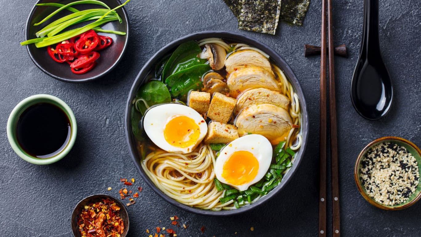 Bowl of ramen with eggs and toppings