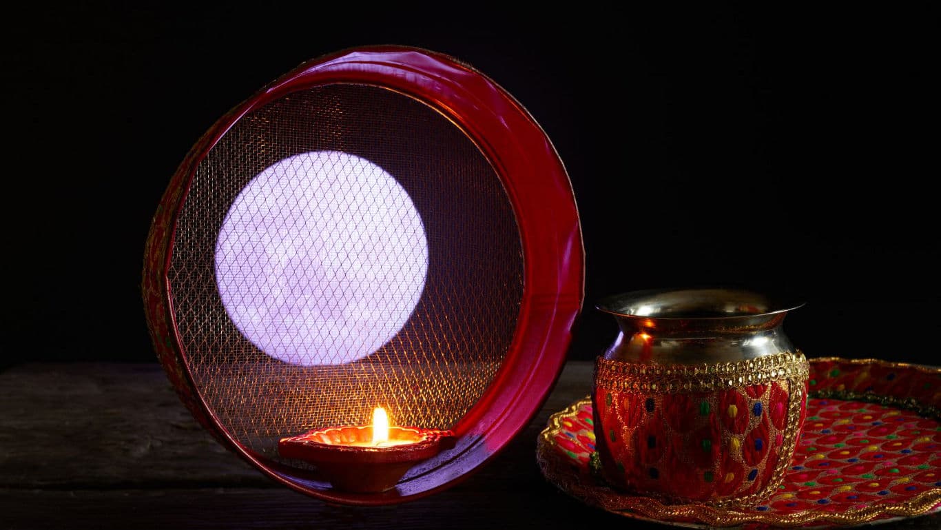 Traditional Karwa Chauth setup with moon view