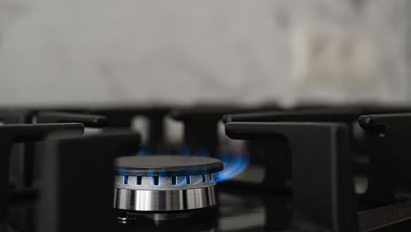 Close-up of lit gas stove burner in kitchen