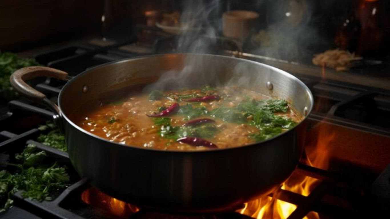 Steaming pot of spicy curry cooking