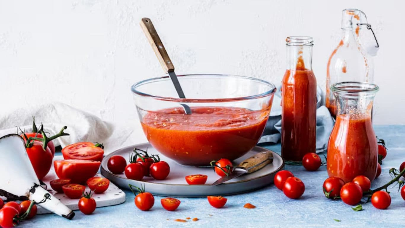 Fresh tomato sauce in glass bowl with bottles