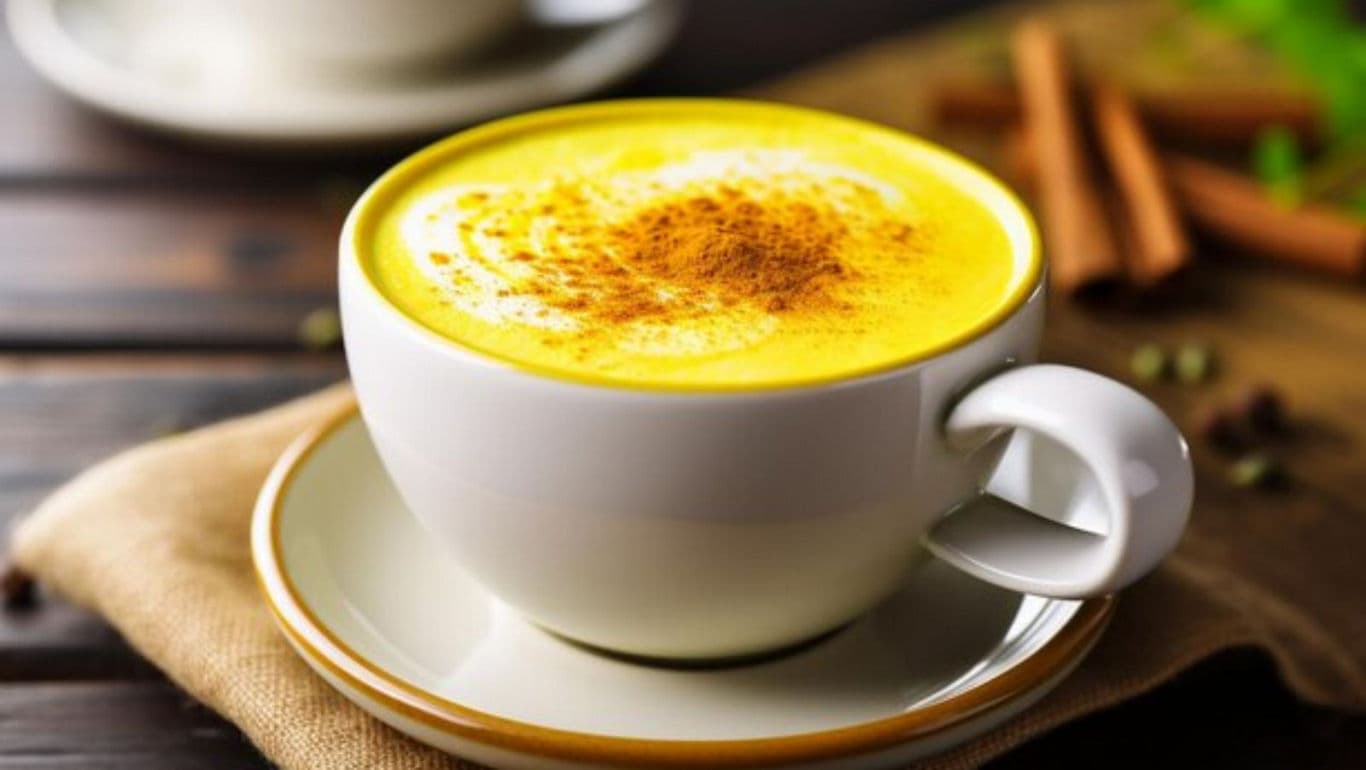 Golden turmeric latte in white ceramic cup on saucer