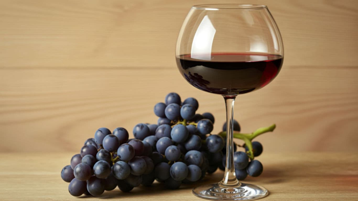 Red wine glass and fresh grapes on wood table