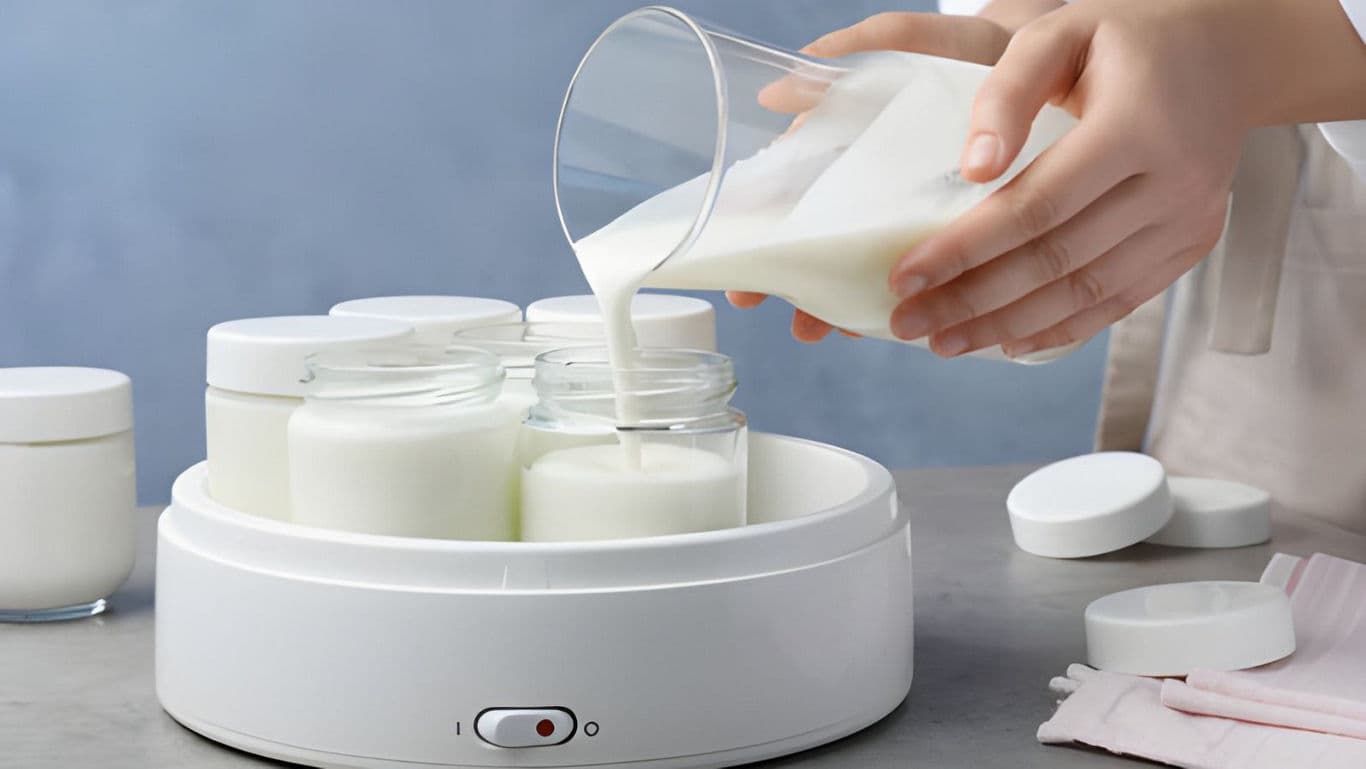 Pouring Milk Into Jars Using Electric Yogurt Maker