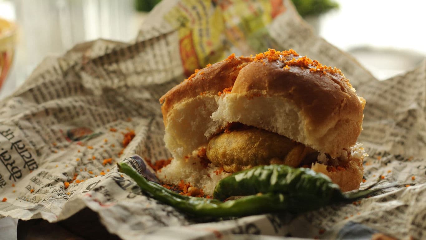 Indian street food vada pav with chili