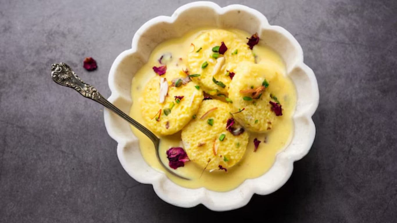 Traditional Indian Ras Malai Dessert in White Bowl