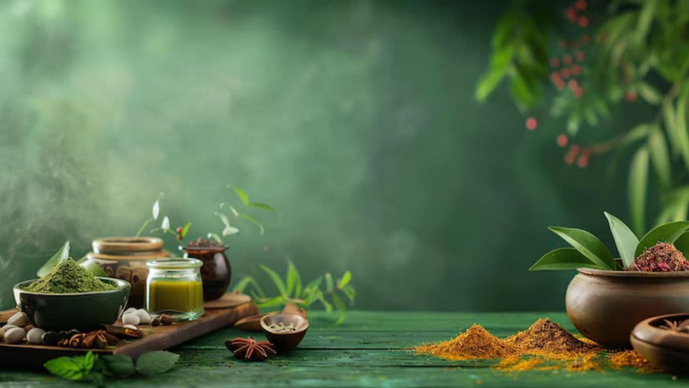 Herbal powders and spices on wooden table