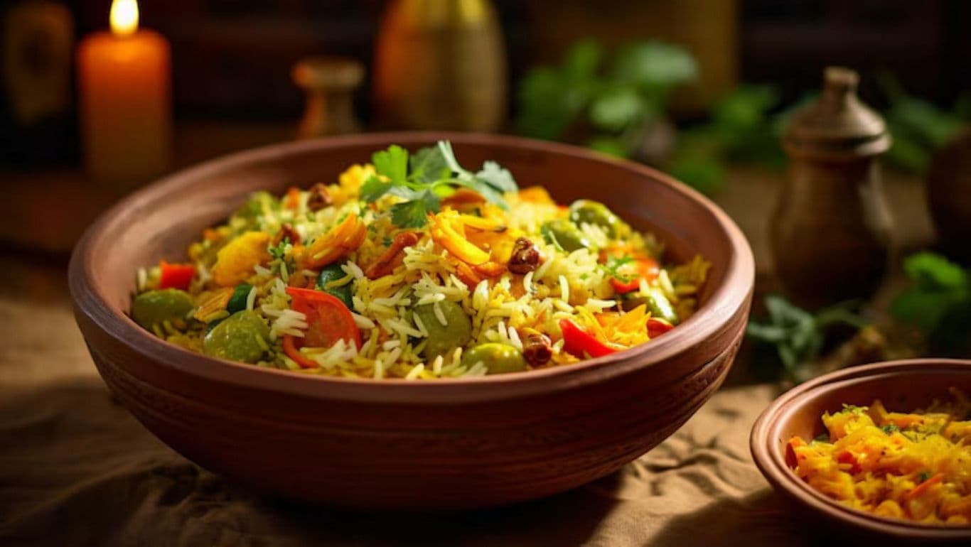 Vibrant vegetable biryani in rustic setting