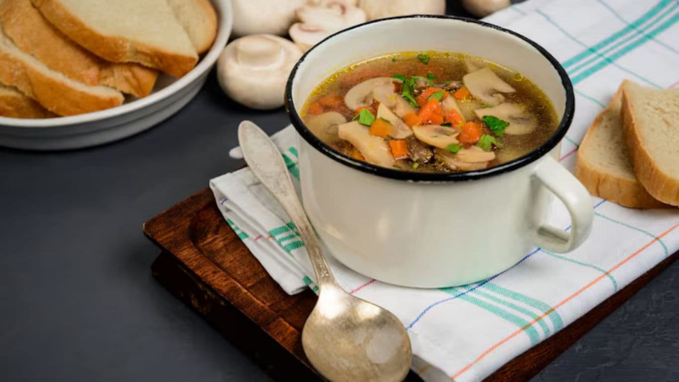 Mushroom Soup in White Enamel Mug