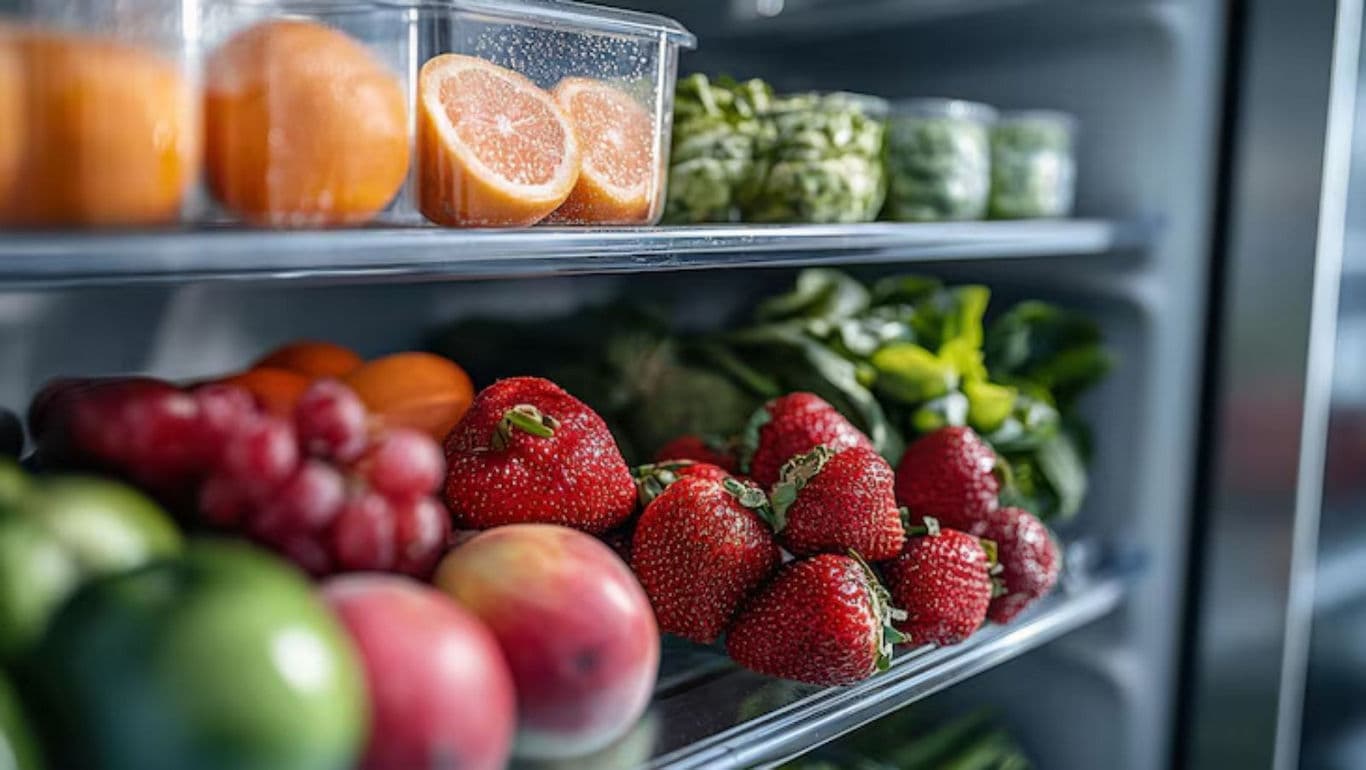 Fresh fruits and vegetables in refrigerator