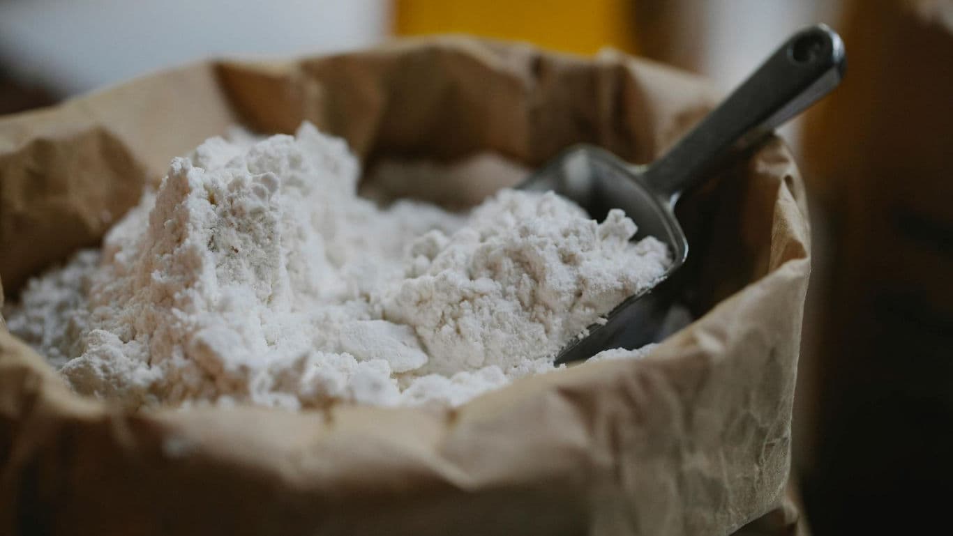 Bag of white flour with metal scoop