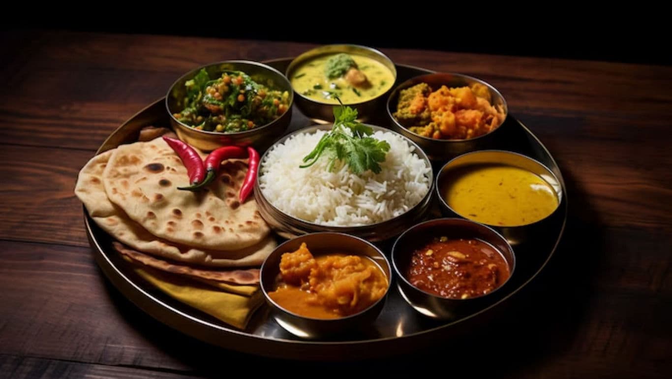 Traditional Indian Gujarati Thali with rice, rotis, vegetables, and condiments