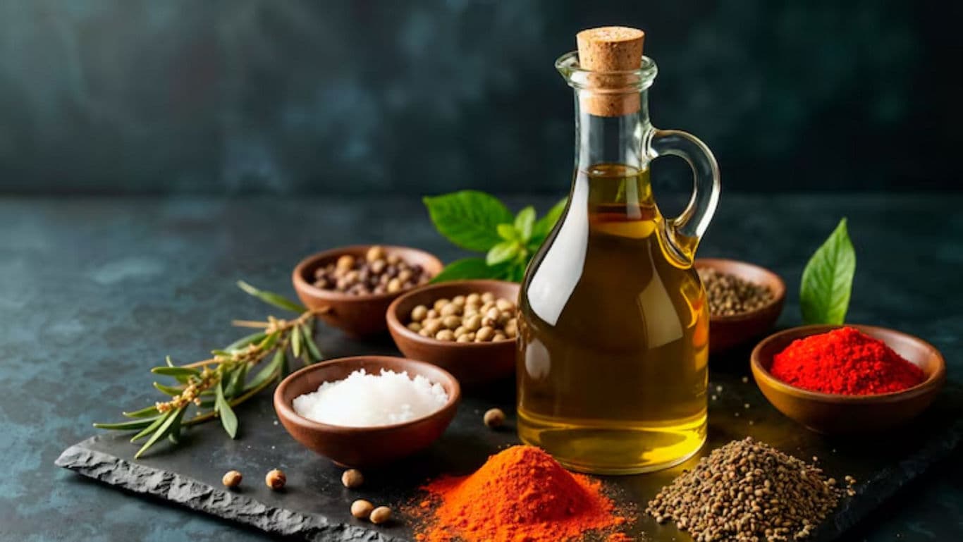 Glass bottle of oil with spices