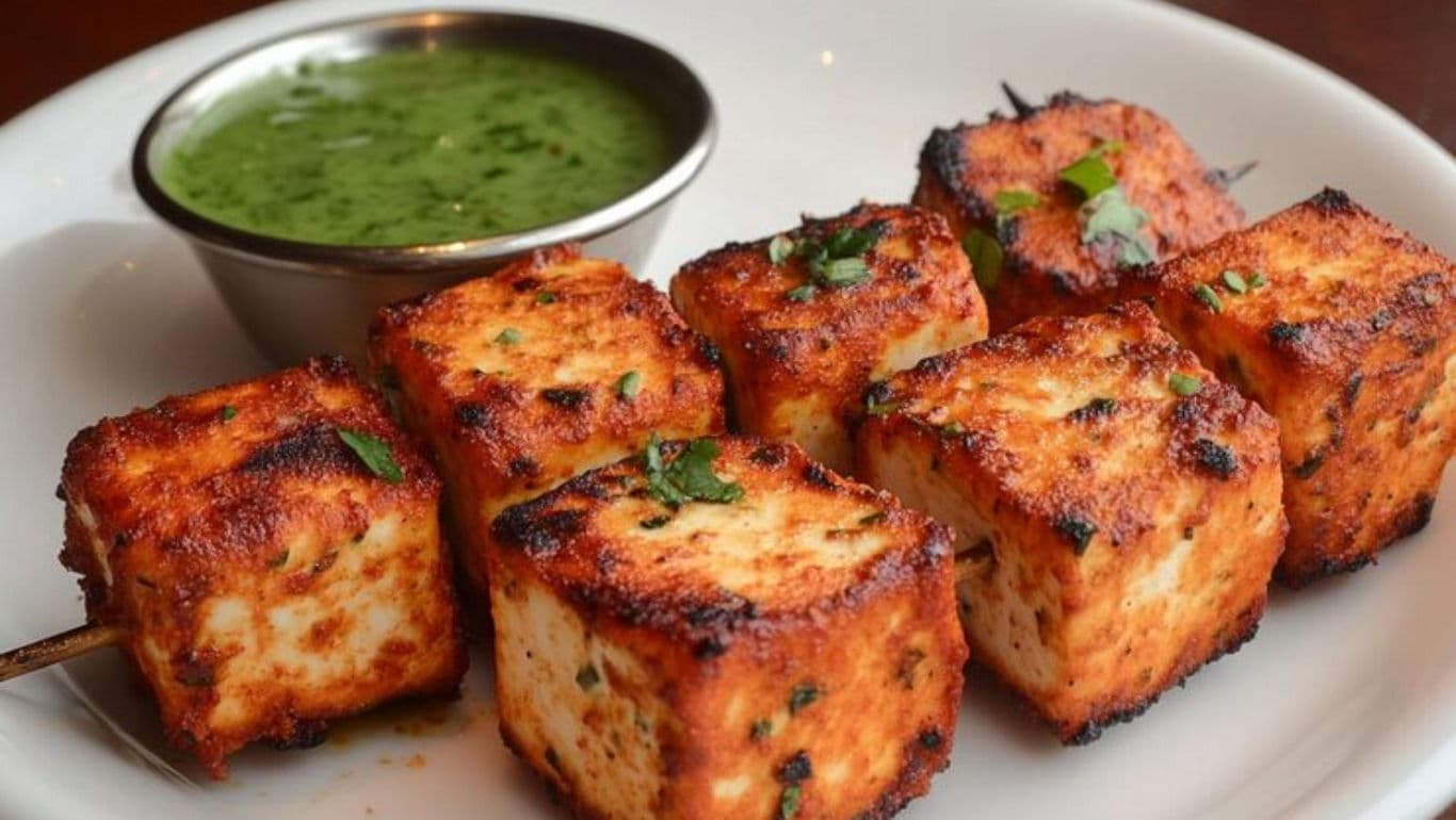 Grilled Paneer Skewers with Green Chutney