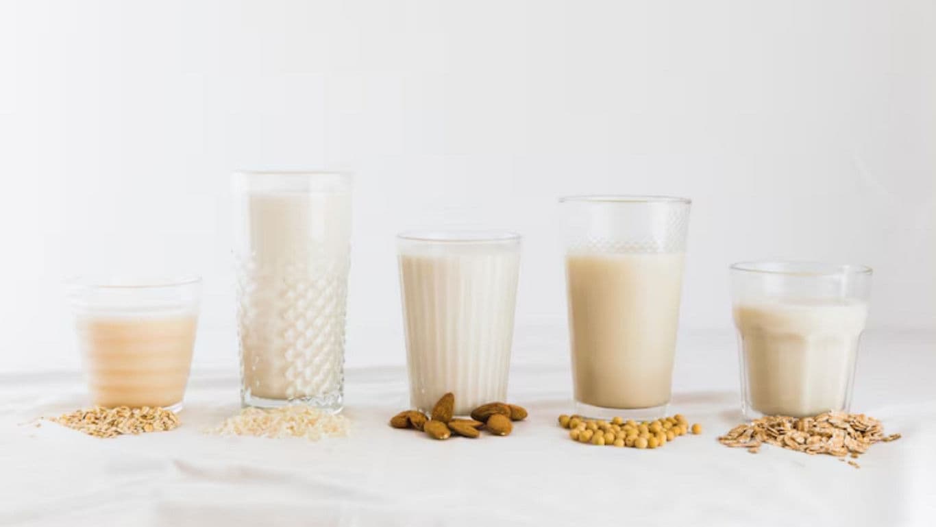 Variety of plant-based milk options displayed