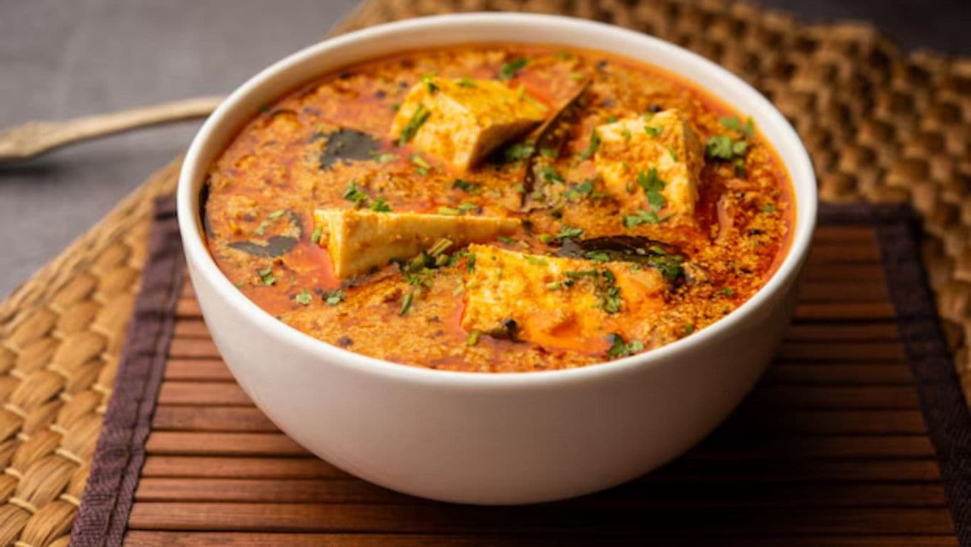 Spicy Paneer Curry in White Bowl
