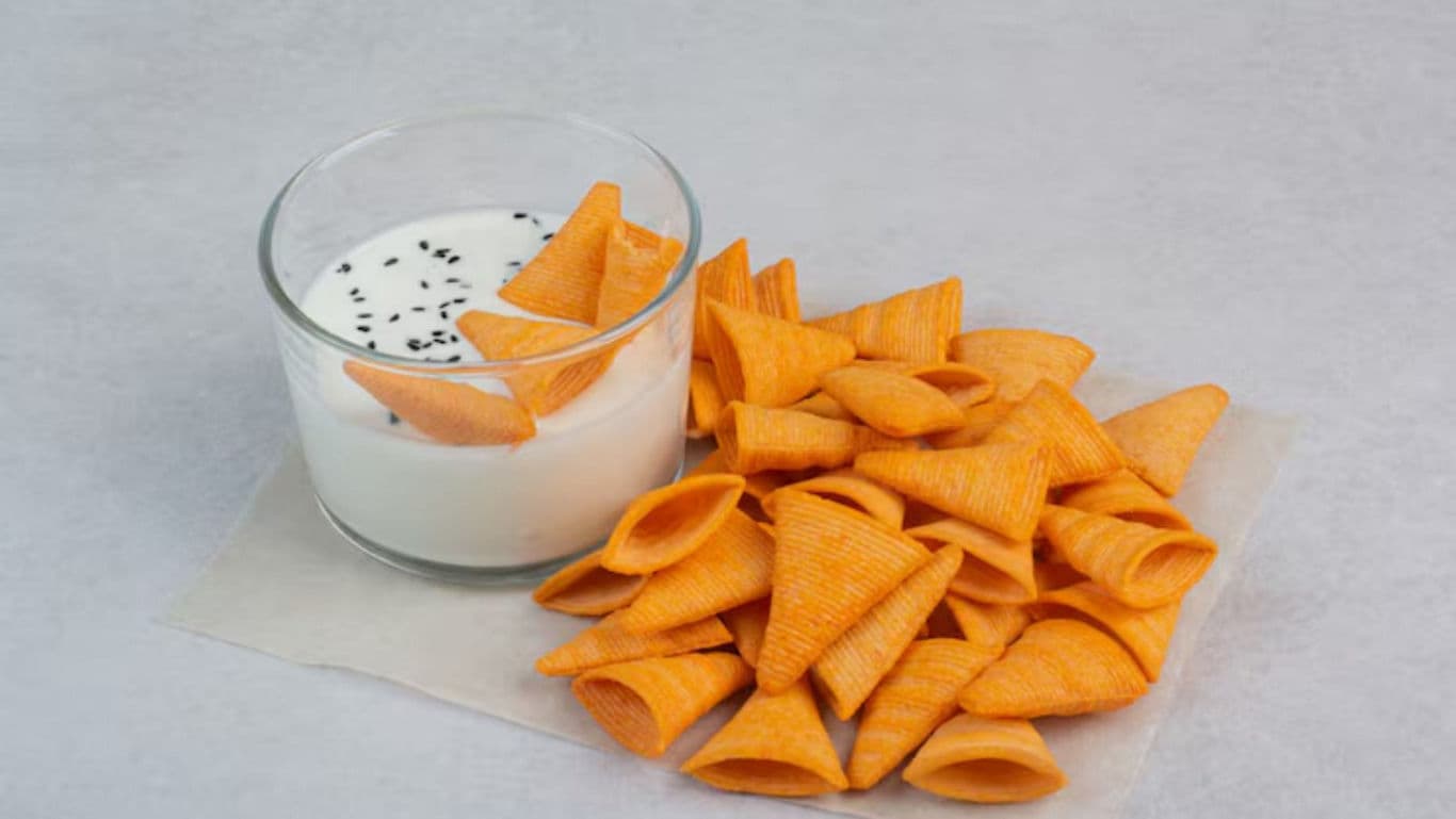 Crunchy cone snacks with dip and black sesame seeds